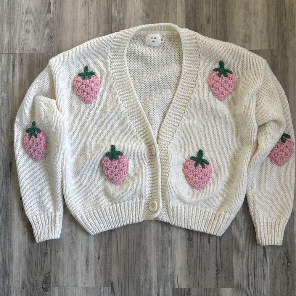 Anthropologie Luna Ivy Strawberry Knit Cardigan Sweater Chunky Ivory Knit Sz XS